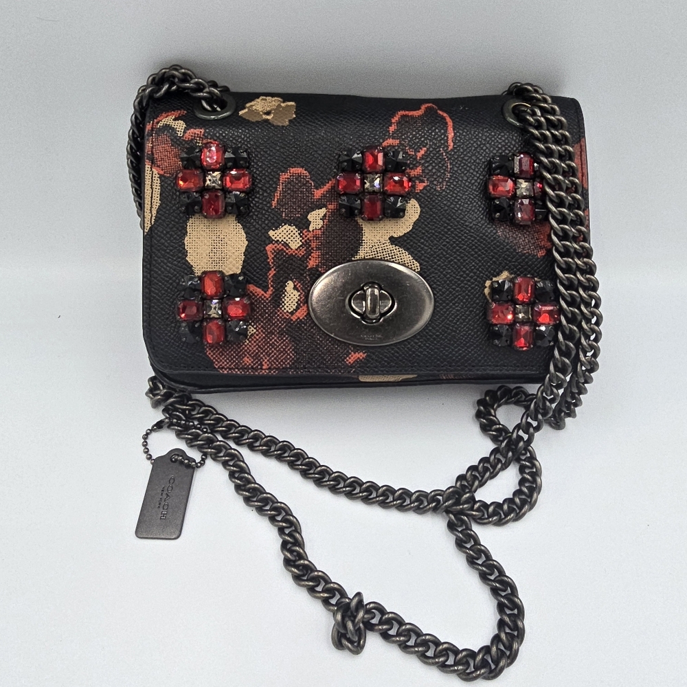COACH 52473 Jeweled Floral Chain Strap Convertible Mini Shoulder Bag Crossbody